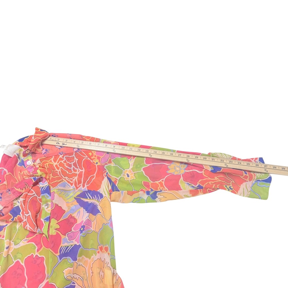 Fig and FlowerTropical Floral Button Up Roll Tab Sleeve Blouse Coral Pink L - Picture 8 of 10